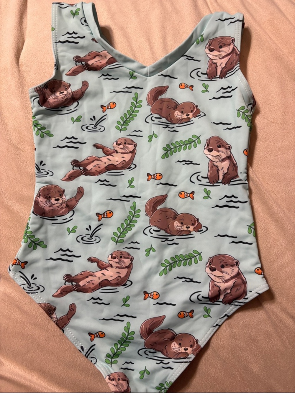 Cute Otter Print One-Piece Swimsuit - Light Blue